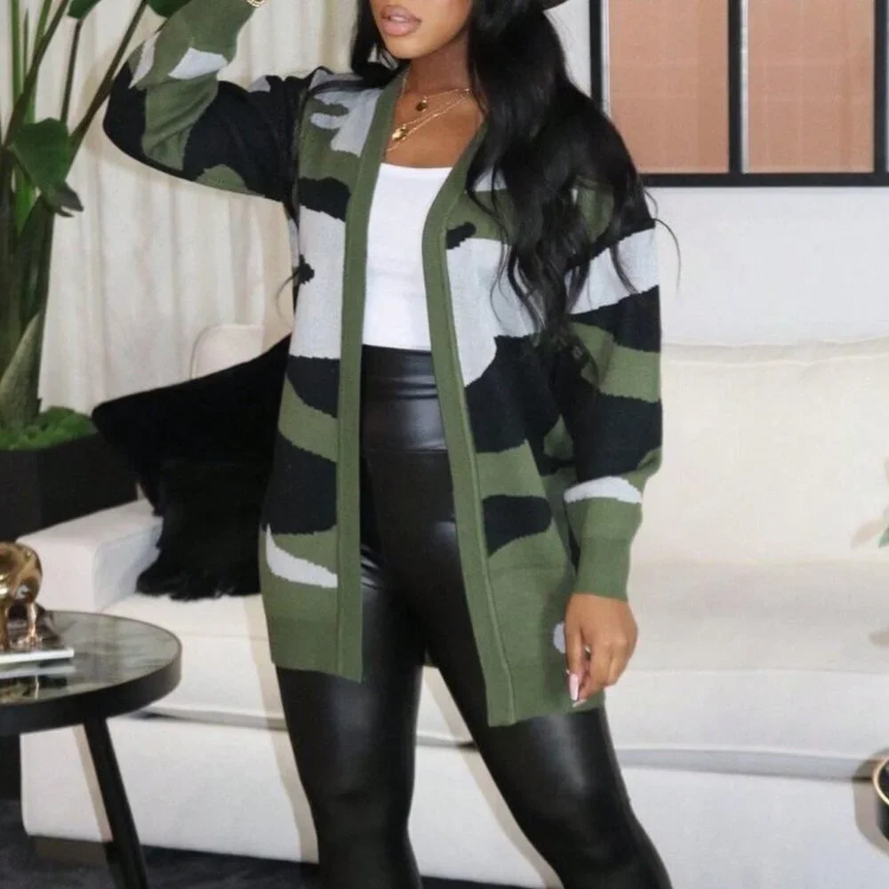 Army Green Casual Women's Camo Print Cardigan Sweater